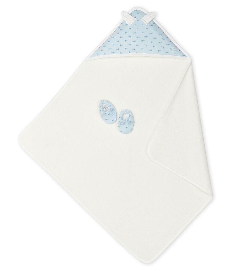 Babies' Square Bath Towel and Bootees Set in Terry and Rib Knit FRAICHEUR blue/MULTICO white