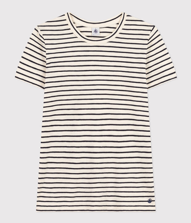 Women's Straight Round-Neck Cotton T-Shirt Ecru/blue