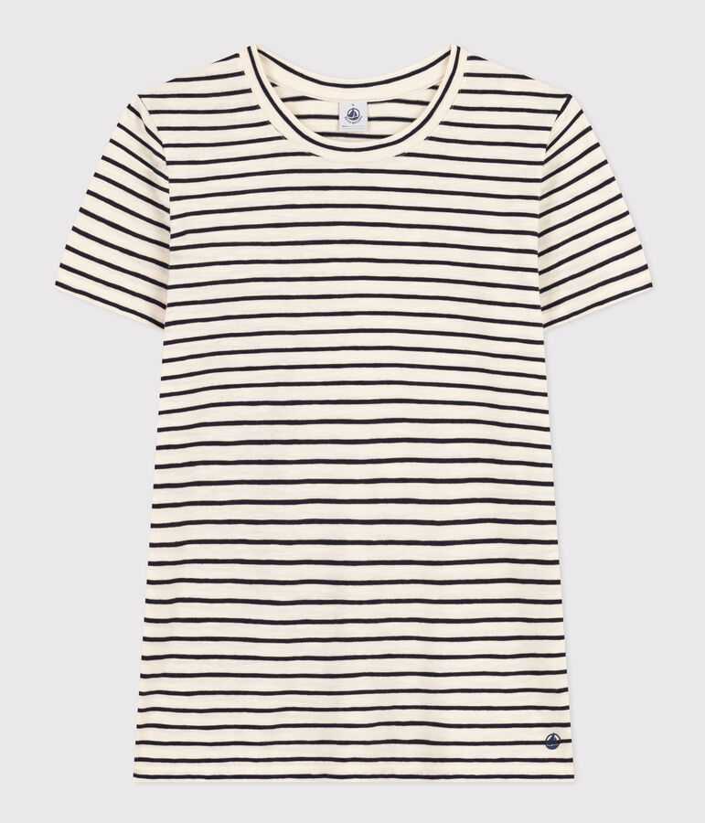 Women's Straight Round-Neck Cotton T-Shirt Ecru/blue