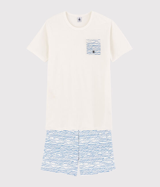 Unisex Blue and White Ribbed Short Pyjamas MARSHMALLOW white/COOL blue