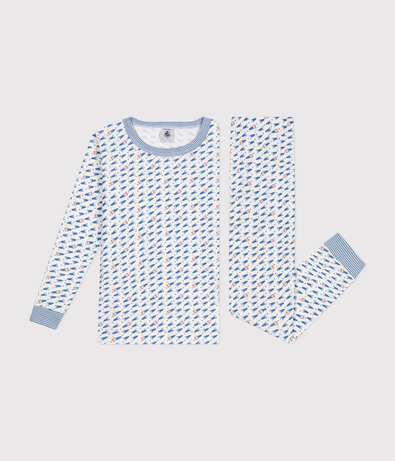 Children's fitted rocket-pattern printed cotton pyjamas MARSHMALLOW white/MULTICO white