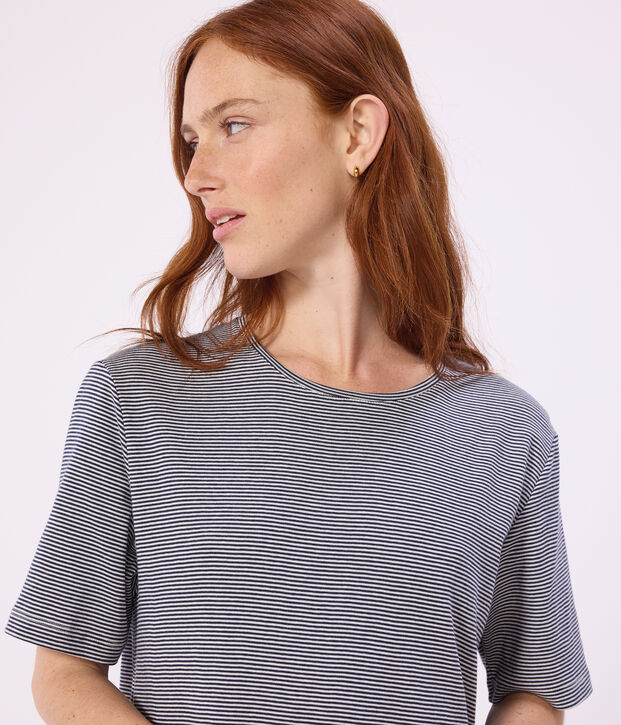 Women's short-sleeved striped cotton nightdress blue/white