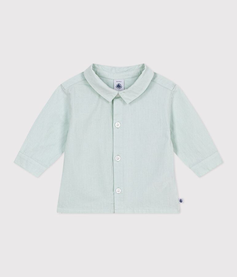 Babies' long-sleeved plain cotton/linen shirt blue
