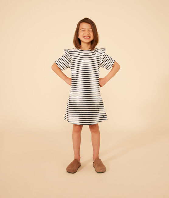 Girls' Stripy Short-Sleeved Cotton Dress AVALANCHE white/SMOKING blue