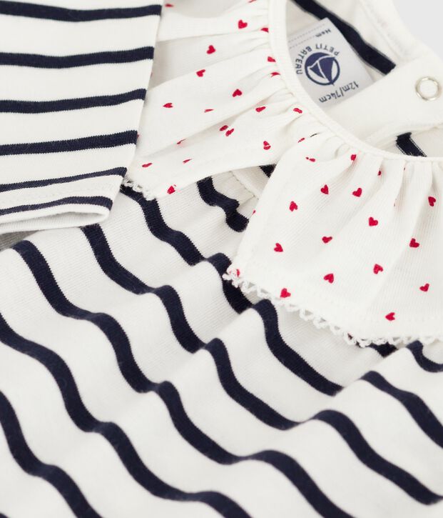 Babies' long-sleeved cotton blouse with Breton stripes and hearts on the collar white/blue
