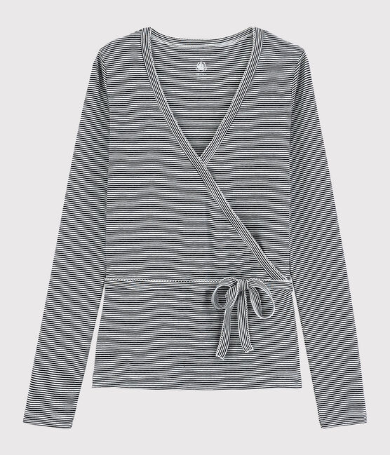 Women's Striped Cotton Wrapover Cardigan SMOKING blue/MARSHMALLOW white