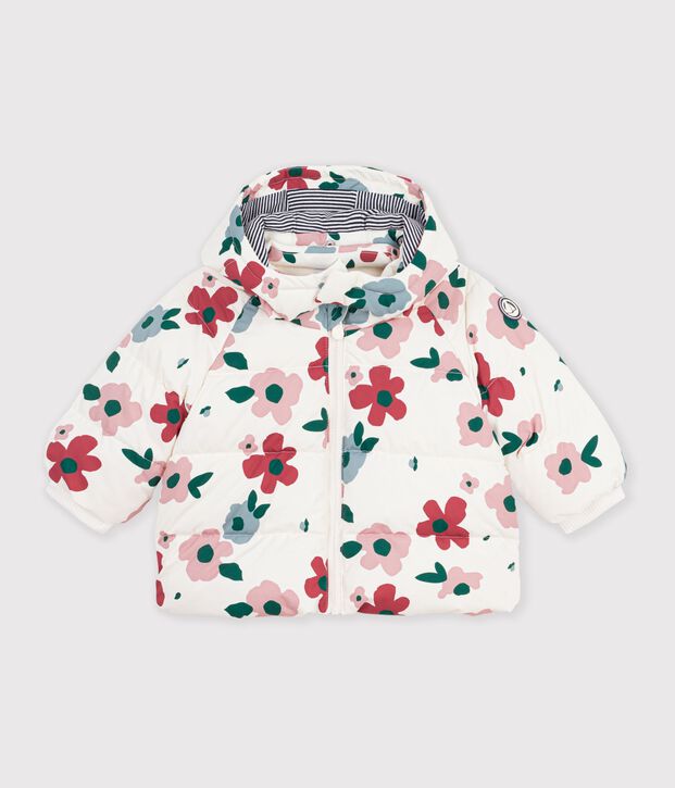 Babies' puffer jacket in animal print polyester Ecru/pink