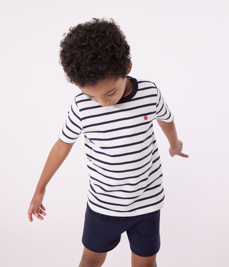 Boys' Short Cotton Pyjamas with Sailor Stripes MARSHMALLOW white/SMOKING blue