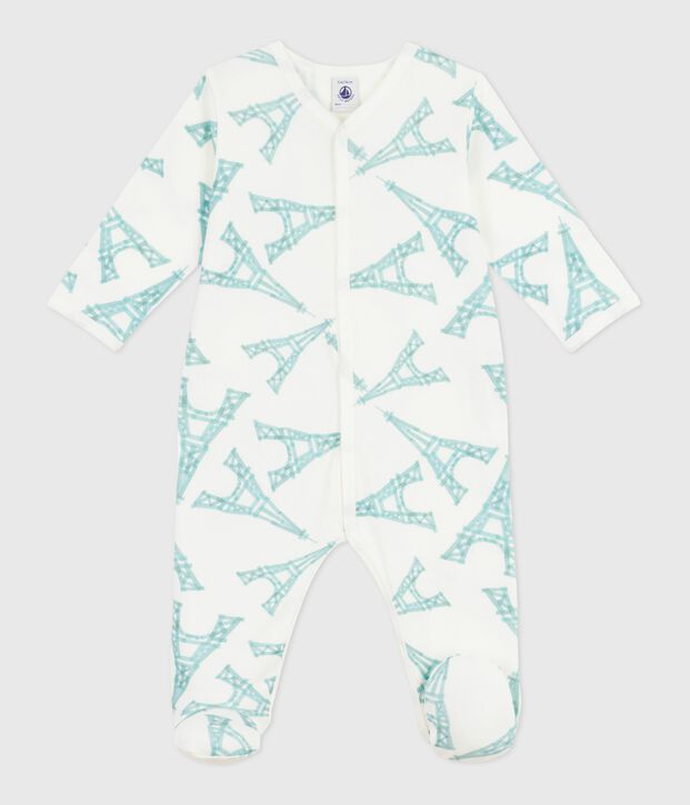 Babies' Eiffel Tower print cotton pyjama suit white/blue