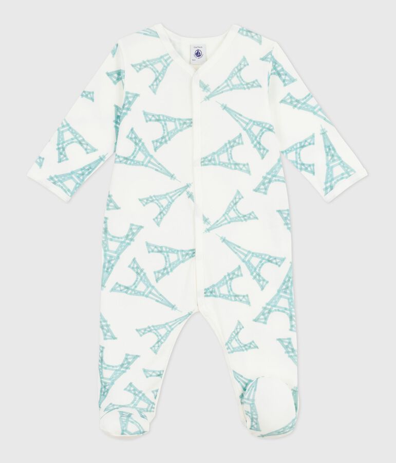 Babies' Eiffel Tower print cotton pyjama suit white/green