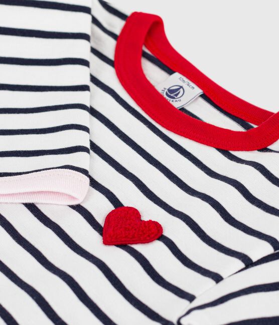 Babies' long sleeved cotton T-shirt with Breton stripes MARSHMALLOW white/SMOKING blue