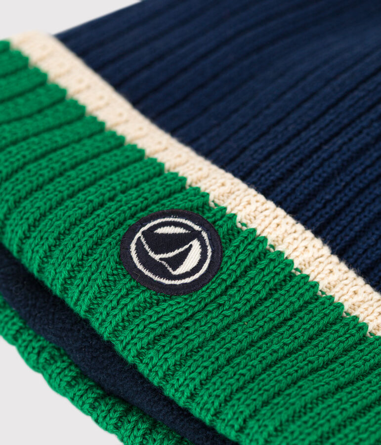 Children's knitted beanie hat lined in polar fleece blue/multicolor