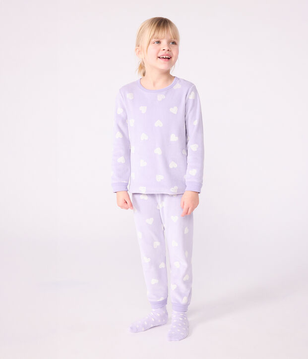 Children's heart-print velour pyjamas purple/white