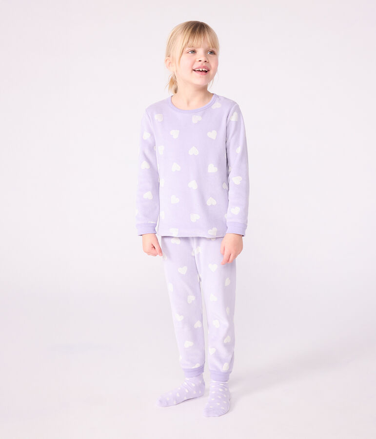 Children's heart-print velour pyjamas purple/white