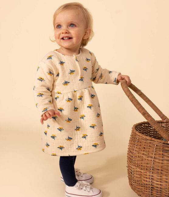 Babies' Long-Sleeved Patterned Quilted Tube Knit Dress AVALANCHE white/MULTICO