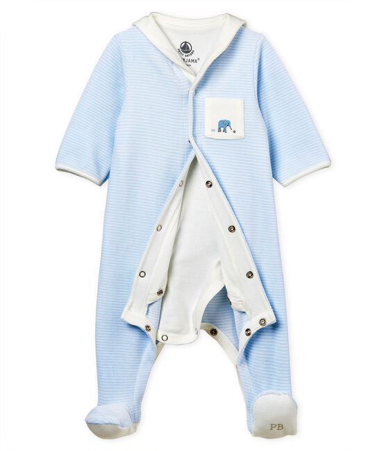 Baby boys' pinstriped velour bodyjama FRAICHEUR blue/ECUME white