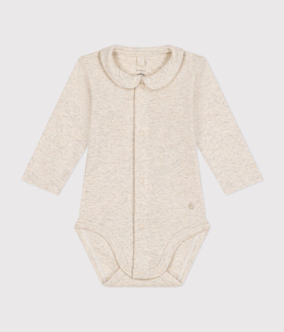 Babies' Long-Sleeved Cotton Bodysuit With Collar MONTELIMAR CHINE beige