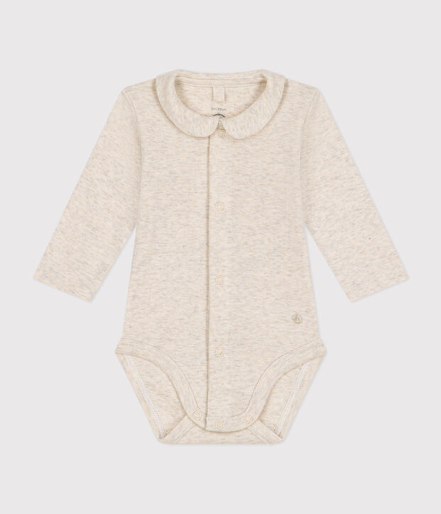 Babies' Long-Sleeved Cotton Bodysuit With Collar beige