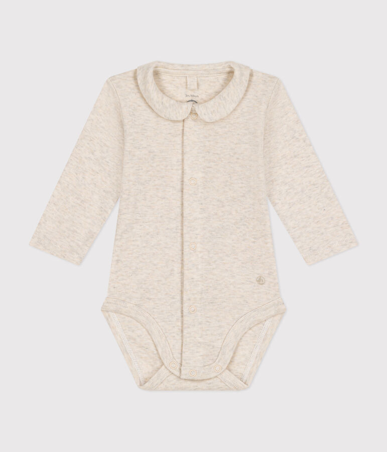 Babies' Long-Sleeved Cotton Bodysuit With Collar beige