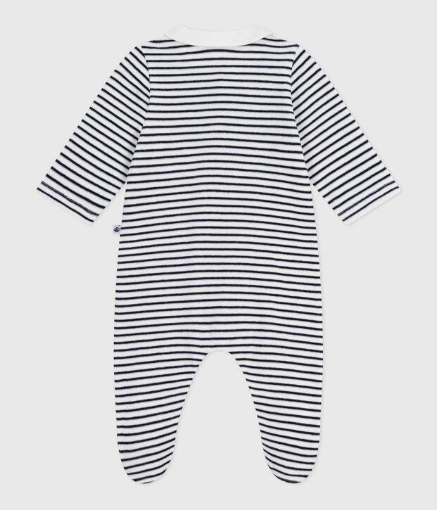 Babies' printed velour pyjama suit with a collar white/blue