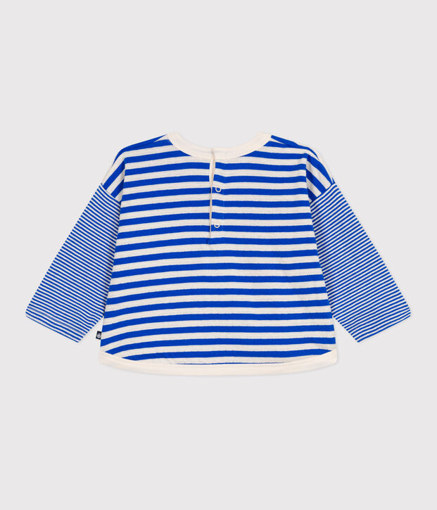 Babies' long sleeved stripy cotton T-shirt blue/ecru