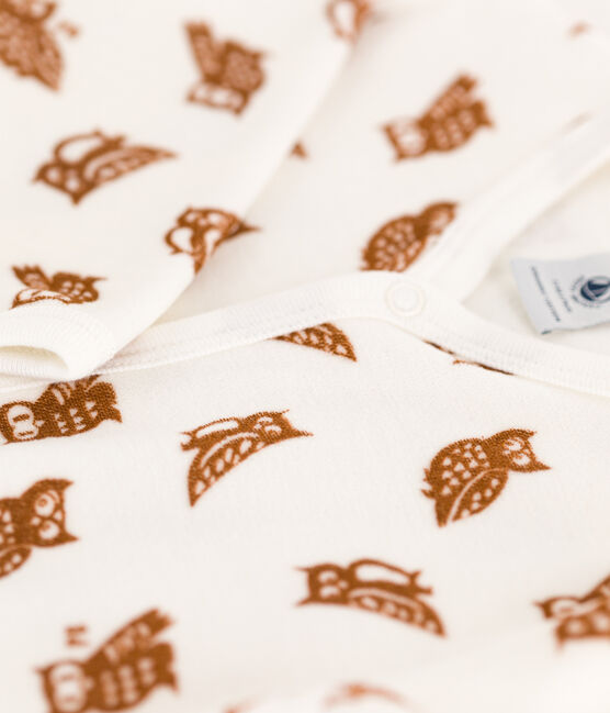 Babies' Owl Patterned Velour Sleepsuit MARSHMALLOW white/ECUREUIL