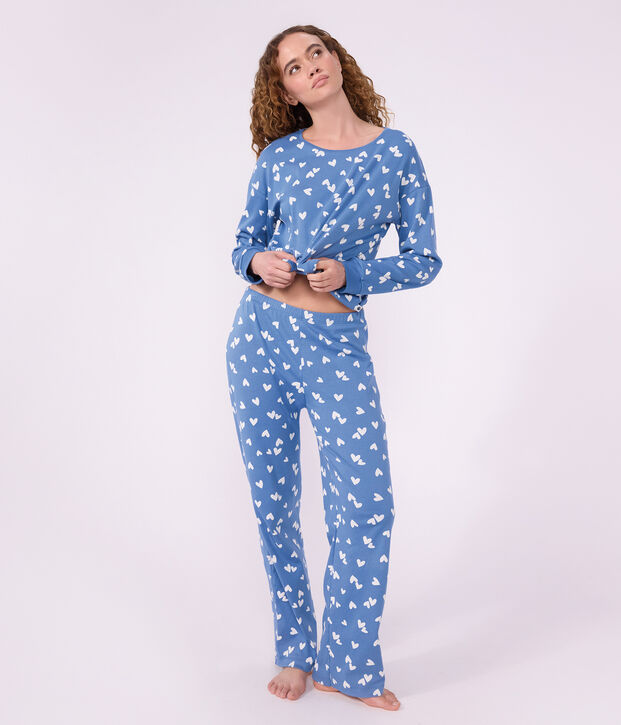 Women's heart print cotton pyjamas blue/white