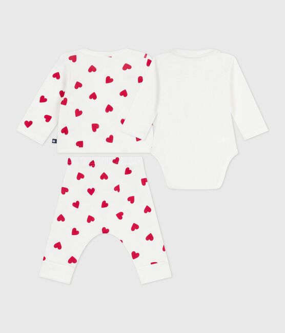 Babies' three piece heart print cotton wrapover top set MARSHMALLOW white/TERKUIT red