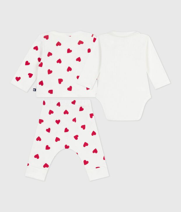 Babies' three piece heart print cotton wrapover top set white/red