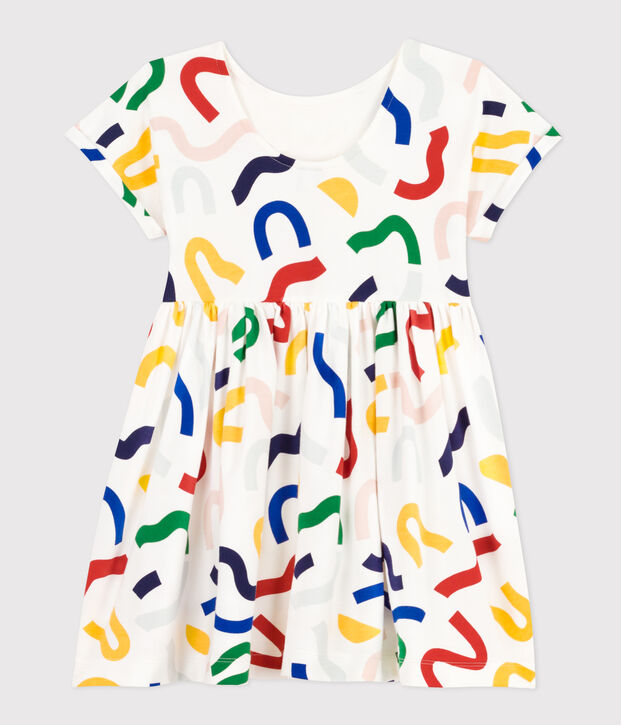 Girl's Short-sleeved Printed Cotton Dress white/multicolor