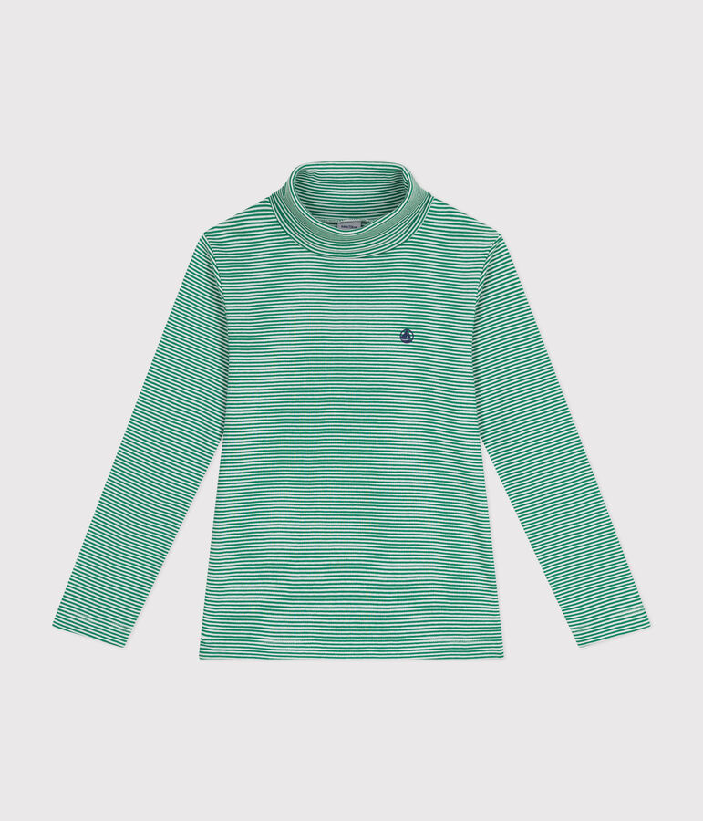 Children's cotton roll neck for girls or boys green/white