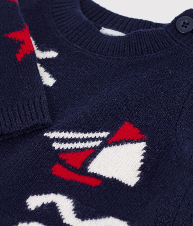 Babies' jumper in wool and cotton with  jacquard patterns blue/multicolor
