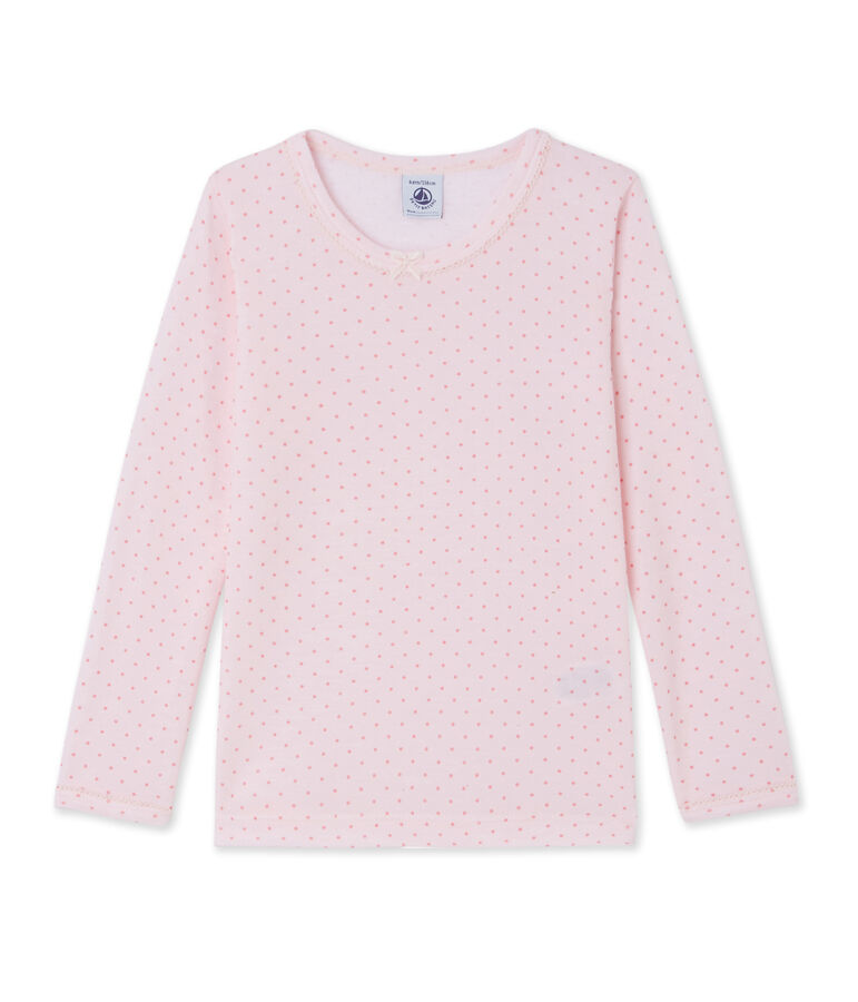 Girl's long-sleeved T-shirt in wool and cotton pink/pink