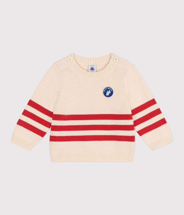 Babies' cotton jumper with placed stripes and a badge on the chest red/red