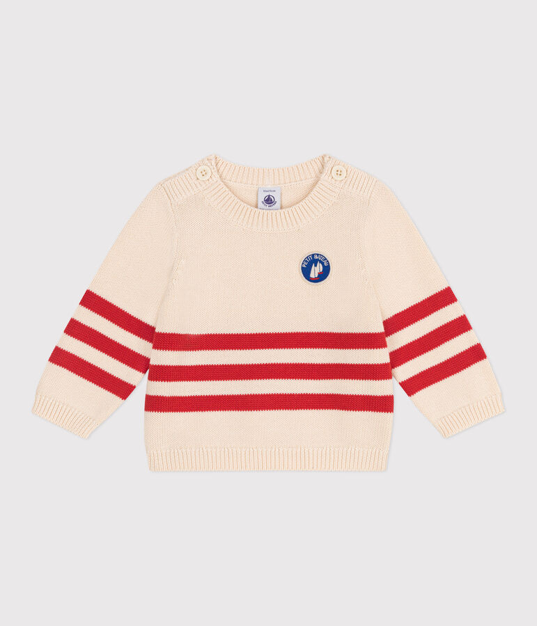 Babies' cotton jumper with placed stripes and a badge on the chest Ecru/red