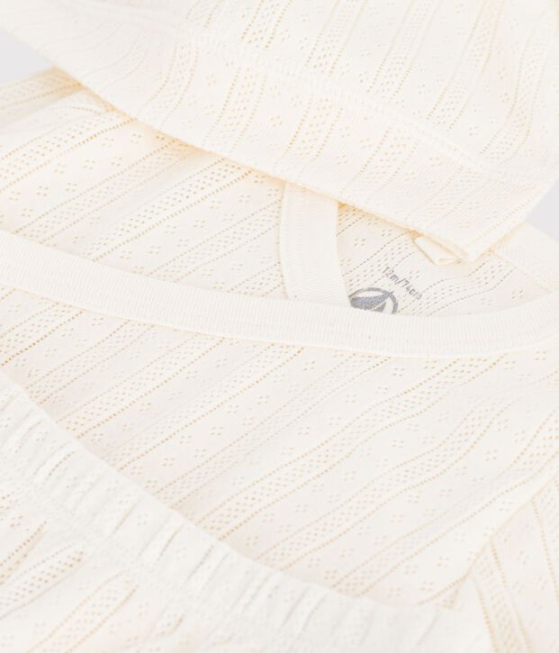 Babies' long 3-piece openwork cotton outfit and hat MILK