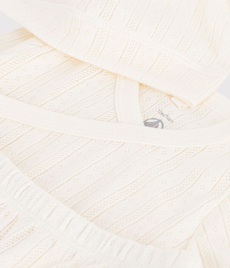 Babies' long 3-piece openwork cotton outfit and hat Ecru