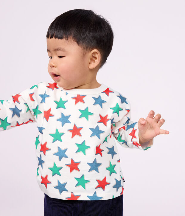 Babies' long-sleeved star-print cotton T-shirt Ecru/multicolor
