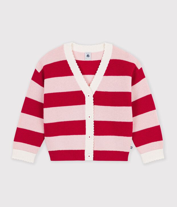 Children's stripy wool and cotton cardigan pink/pink