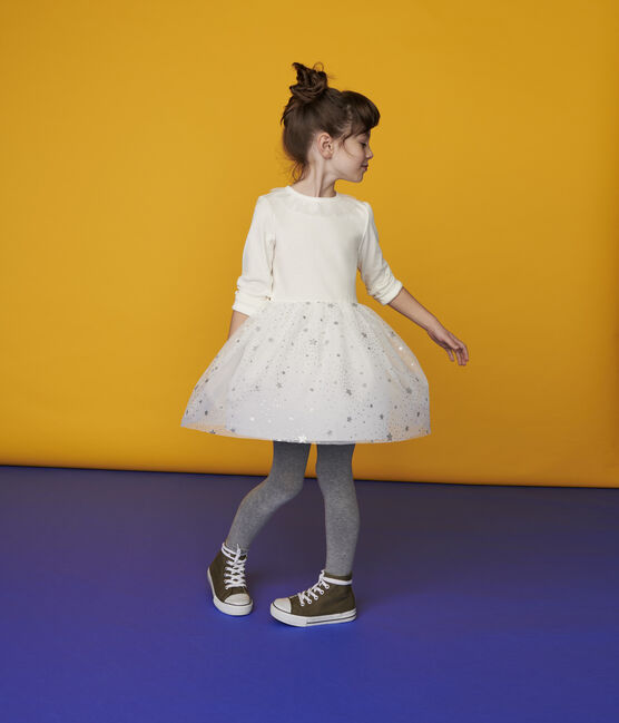 Girls Long Sleeved Cotton Tulle Dress Marshmallow Argent Petit Bateau