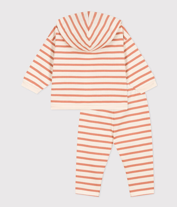 Babies' Thick Stripy Jersey Breton Outfit Ecru/pink