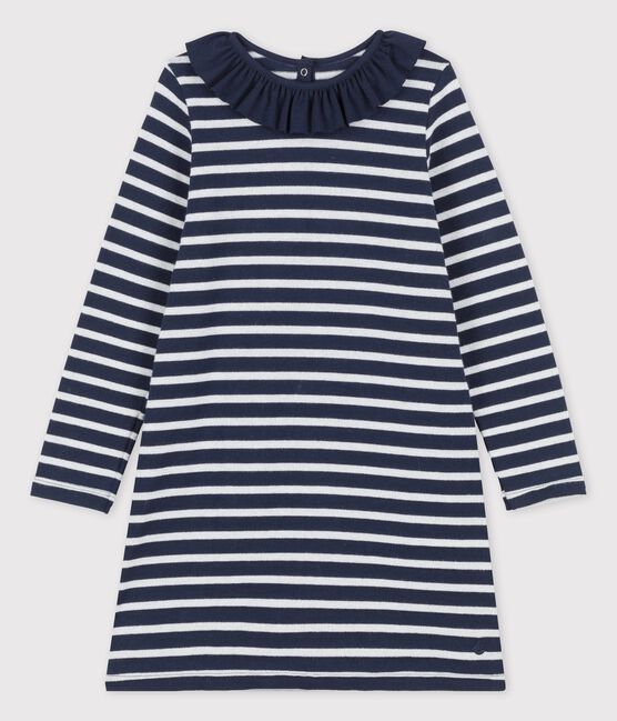 Girls' Long-Sleeved Cotton Dress SMOKING blue/MARSHMALLOW /ARGENT