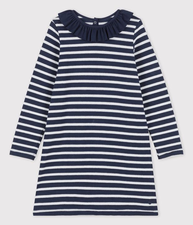 Girls' Long-Sleeved Cotton Dress blue/white/grey