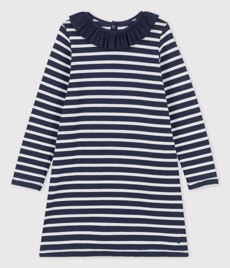 Girls' Long-Sleeved Cotton Dress blue/white/grey