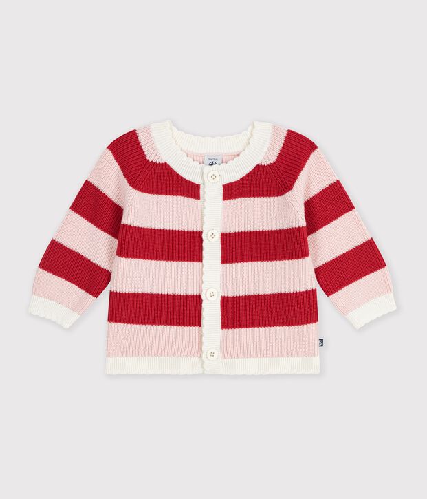 Babies' cardigan in stripy cotton pink/pink