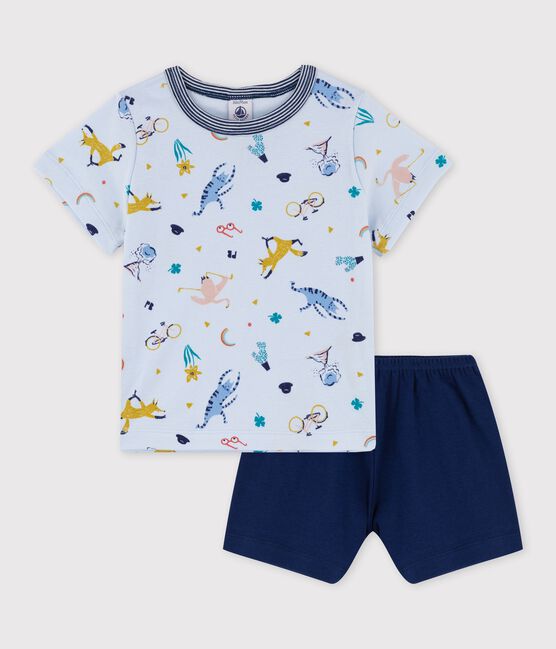 Boys' Yoga Animal Pattern Short Cotton Pyjamas FRAICHEUR blue/MULTICO white