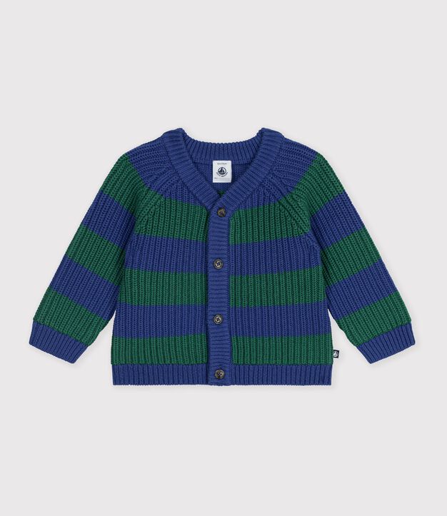 Babies' stripy wool and cotton knit cardigan multicolor/green