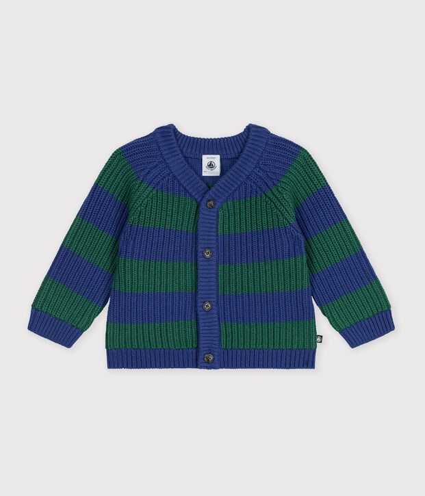 Babies' stripy wool and cotton knit cardigan multicolor/green