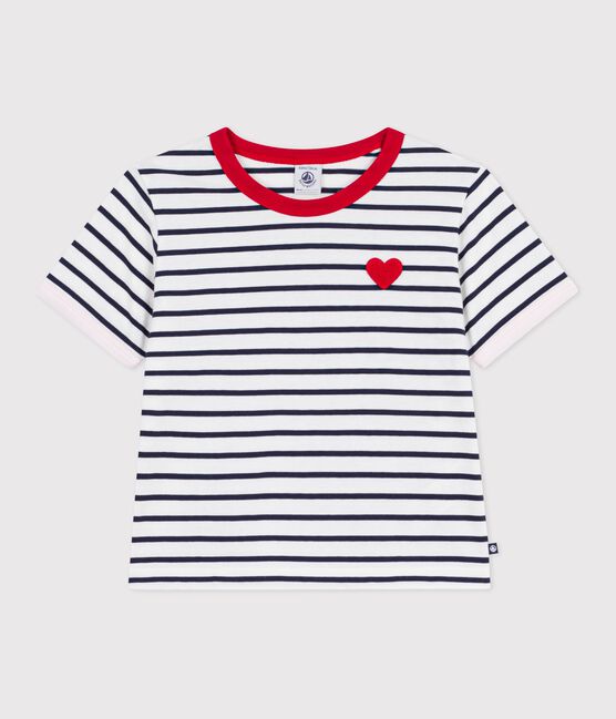 Children's short-sleeved stripy cotton T-shirt MARSHMALLOW white/SMOKING blue
