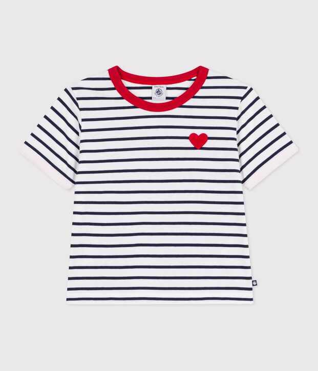 Children's short-sleeved stripy cotton T-shirt white/blue